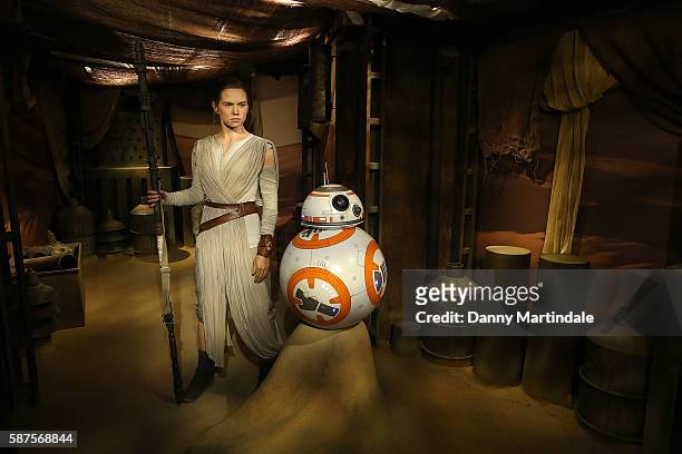 Daisy Ridley is unveiled as the new wax figure character Rey from "Star Wars: The Force Awakens" at Madame Tussauds on August 9, 2016 in London,...