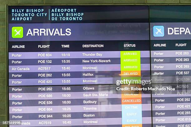 Billy Bishop airport arrivals board. The airport is named after Air Marshal Billy Bishop, a Canadian World War I flying ace.