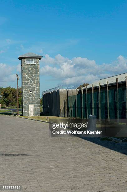 The prison facilities with watch tower on Robben Island, which is an island in Table Bay, 6.9 km west of the coast of Cape, South Africa, and has...