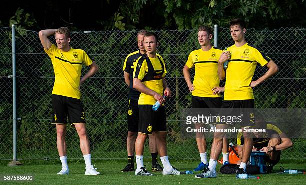 Andre Schuerrle, Rainer Schrey , Mario Goetze, Lukasz Piszczek, Julian Weigl of Borussia Dortmund during a training session on the training ground of...