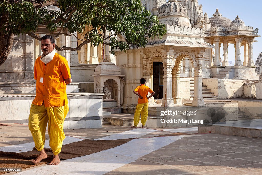 Jain priests in Palitana temples complex on Shatrunjaya hill...