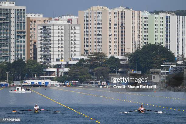 Marcel Hacker and Stephan Krueger of Germany compete against Marko Marjanovic and Andrija Sljukic of Serbia during the Men's Double Sculls Semifinal...