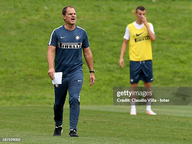 Head coach Franck de Boer reacts during the FC Internazionale training session at the club's training ground at Appiano Gentile on August 9, 2016 in...