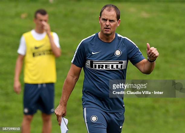 Head coach Franck de Boer reacts during the FC Internazionale training session at the club's training ground at Appiano Gentile on August 9, 2016 in...