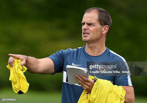 Head coach Frank de Boer reacts during the FC Internazionale training session at the club's training ground at Appiano Gentile on August 9, 2016 in...