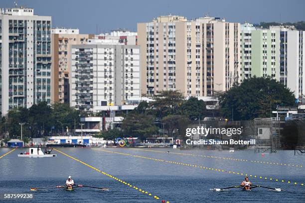 Marcel Hacker and Stephan Krueger of Germany compete against Marko Marjanovic and Andrija Sljukic of Serbia during the Men's Double Sculls Semifinal...