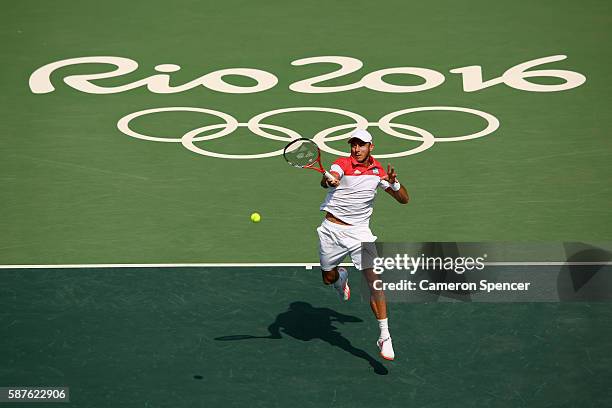 Juan Monaco of Argentina hits during the men's second round singles match against Andy Murray of Great Britain on Day 4 of the Rio 2016 Olympic Games...