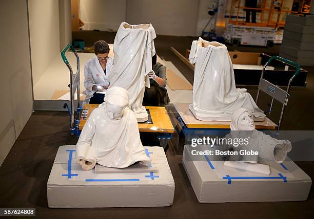 Pamela Hatchfield , head of MFA object conservation, and Shrin Afra , a conservator from the Opificio delle Pietr'e Dure in Florence, inspected a...