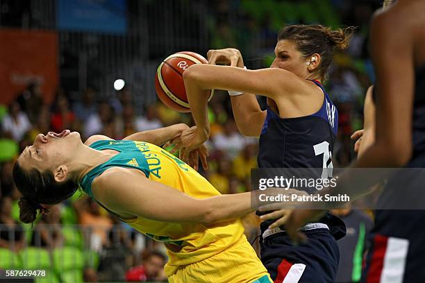 Marianna Tolo of Australia is fouled by Helena Ciak of France in the Women's Preliminary Round Group A match between Australia and France on Day 4 of...