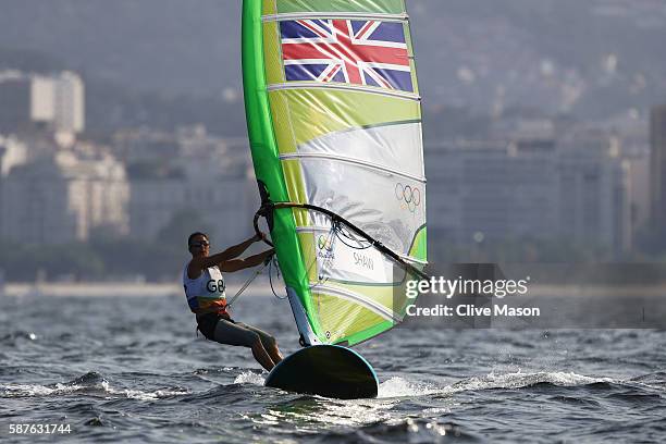 Bryony Shaw of Great Britain competes in the Women's RS:X race on Day 4 of the Rio 2016 Olympic Games at the Marina da Gloria on August 9, 2016 in...