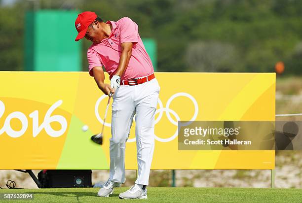 Danny Chia of Malaysia hits a tee shot during a practice round on Day 4 of the Rio 2016 Olympic Games at Olympic Golf Course on August 9, 2016 in Rio...