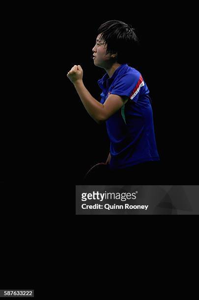 Song I Kim of North Korea competes against Mengyu Yu of Singapore during the Women's Singles Quarterfinal 1 Table Tennis on Day 4 of the Rio 2016...