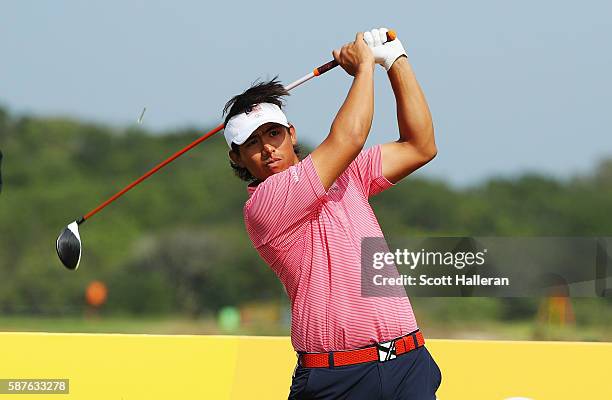 Gavin Green of Malaysia hits a tee shot during a practice round on Day 4 of the Rio 2016 Olympic Games at Olympic Golf Course on August 9, 2016 in...