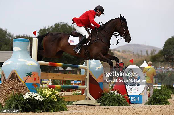 Phillip Dutton of the United States riding Mighty Nice during the eventing team jumping final and individual qualifier on Day 4 of the Rio 2016...