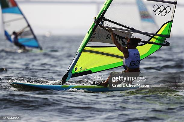 Bryony Shaw of Great Britain competes in the Women's RS:X race on Day 4 of the Rio 2016 Olympic Games at the Marina da Gloria on August 9, 2016 in...