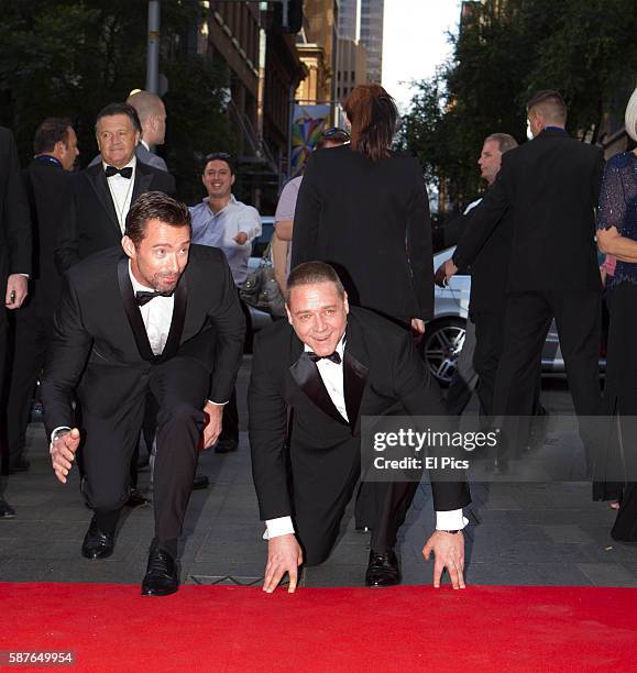 Russell Crowe and Hugh Jackman walk the Red Carpet for the Australian premiere of Les Miserables on Pitt street Mall on December 22, 2012 in Sydney,...