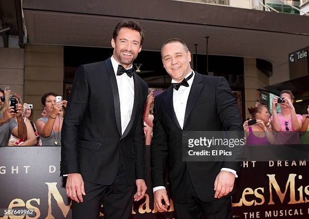 Russell Crowe and Hugh Jackman walk the Red Carpet for the Australian premiere of Les Miserables on Pitt street Mall on December 22, 2012 in Sydney,...