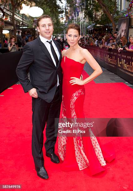 Kate Ritchie and Stuart Webb walk the Red Carpet for the Australian premiere of Les Miserables on Pitt street Mall on December 22, 2012 in Sydney,...