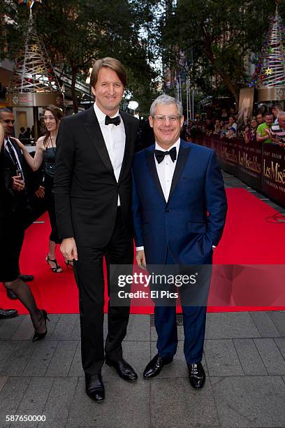 Tom Hooper and Sir Cameron Mackintosh walk the Red Carpet for the Australian premiere of Les Miserables on Pitt street Mall on December 22, 2012 in...