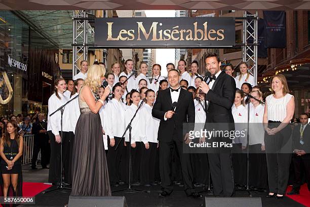 Hugh Jackman and Russell Crowe talk to Kerri-Anne Kennerley on the Red Carpet for the Australian premiere of Les Miserables on Pitt street Mall on...