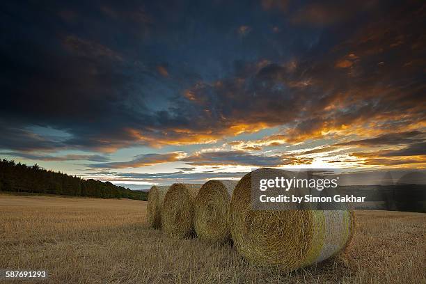 strawbales under a stunning sunset - equinox stock pictures, royalty-free photos & images