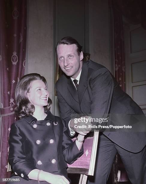 Crown Prince Harald of Norway pictured with his fiancee Sonja Haraldsen after the announcement of their engagement in Oslo on March 20th 1968. Prince...