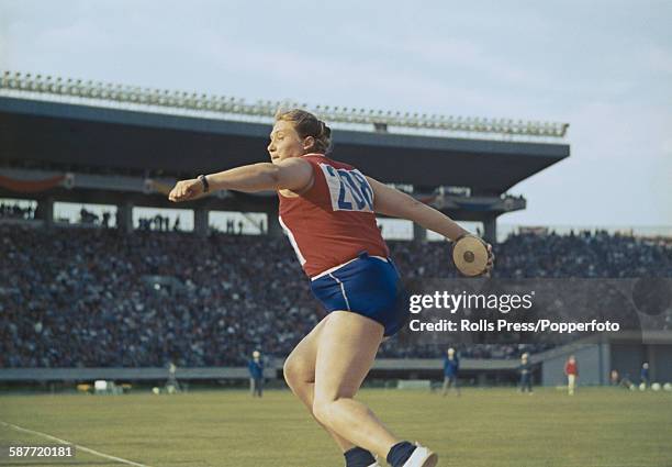 Ukranian and Soviet athlete Tamara Press takes part in the women's discus competition at the 1964 Summer Olympics in Tokyo, Japan on 19th October...