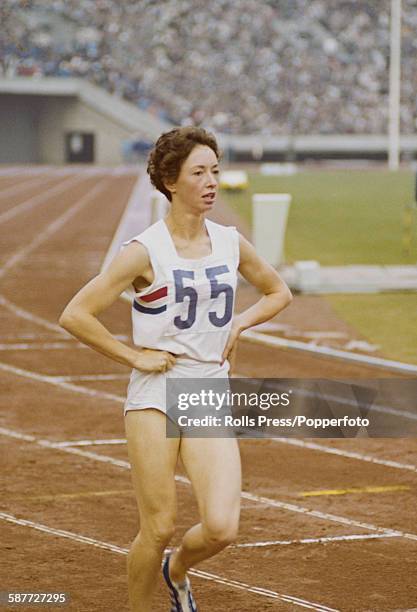 English runner Ann Packer pictured after coming first in the final of the women's 800 metres competition to win an Olympic gold medal at the 1964...