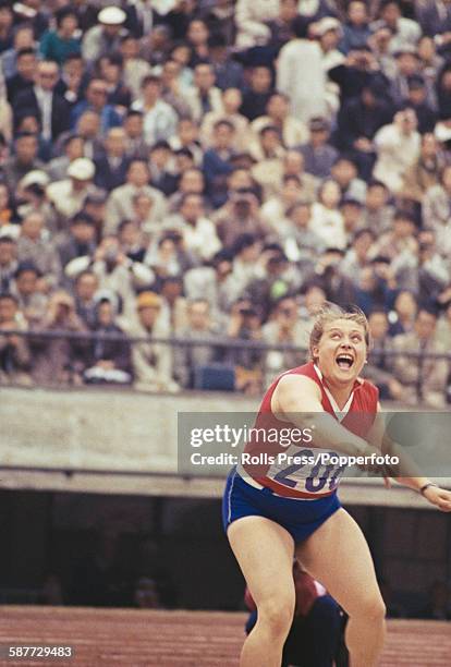 Ukranian and Soviet athlete Tamara Press takes part in the women's shot put competition at the 1964 Summer Olympics in Tokyo, Japan on 20th October...