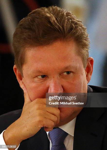 Russian Gazprom's CEO Alexei Miller attends Russian-Turkish talks in Konstantin Palace in Strenla on August 2016 in Saint Petersburg, Russia....