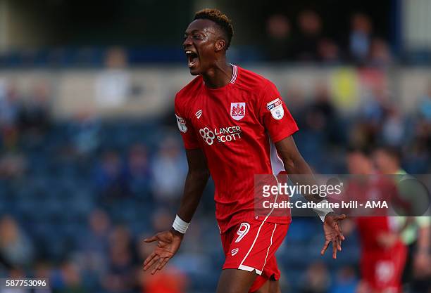 Tammy Abraham of Bristol City celebrates after scoring to make it 0-1 during the EFL Cup match between Wycombe Wanderers and Bristol City at Adams...