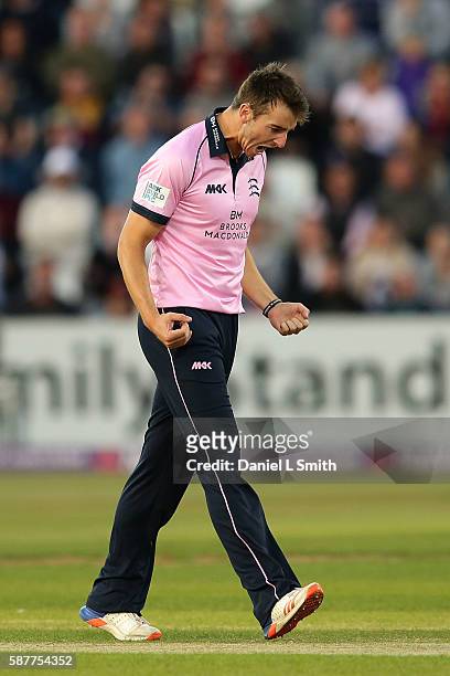 Toby Roland-Jones of Middlesex celebrates taking their first wicket by dismissing Richard Levi of Northamptonshire during the NatWest T20 Blast...