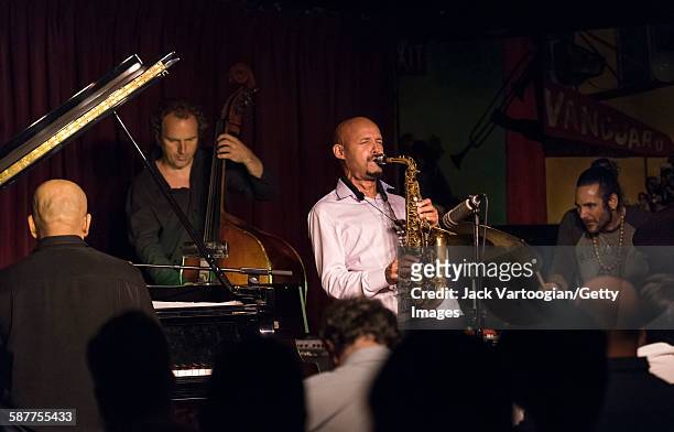 Puerto Rico American Jazz musician Miguel Zenon plays alto saxophone as he leads his quartet onstage at the Village Vanguard, New York, New York,...
