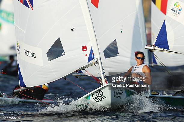 Alison Young of Great Britain competes in the Women's Laser Radial class on Day 4 of the Rio 2016 Olympic Games at the Marina da Gloria on August 9,...
