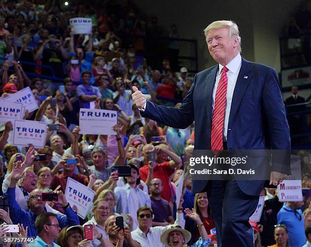 Republican presidential candidate Donald Trump thumbs-up the crowd during a campaign event at Trask Coliseum on August 9, 2016 in Wilmington, North...