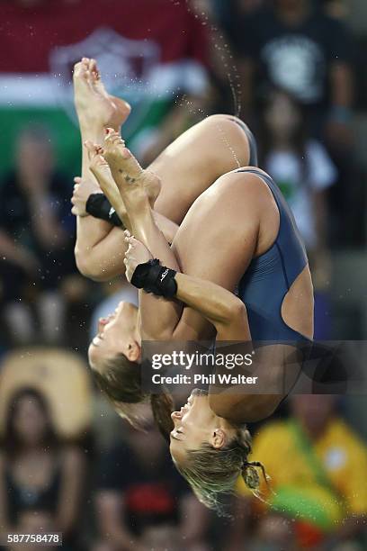 Tonia Couch and Lois Toulson of Great Britain compete in the Women's Diving Synchronised 10m Platform Final on Day 4 of the Rio 2016 Olympic Games at...