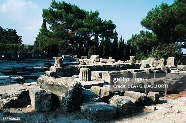 Ruins of the Temple of Athena and Zeus, acropolis on Mount Filerimos, Ialyssos, Rhodes island, Greece. Greek civilisation, 4th century BC.