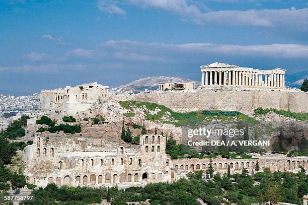 View of the Acropolis of Athens with the Propylaea and the Parthenon, 5th century BC, and, below, the Odeon of Herodes Atticus, 161-174, and the Stoa...