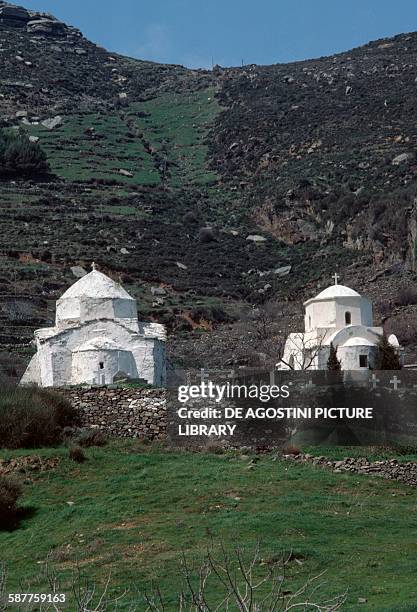 Cemetery between two churches in Koronida, left the church of Agios Georgios, Naxos Island, Cyclades Islands, Greece.