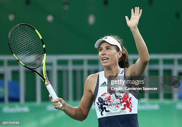 Johanna Konta of Great Britain celebrates a match point during the women's third round match against Svetlana Kuznetsova of Russia on Day 4 of the...