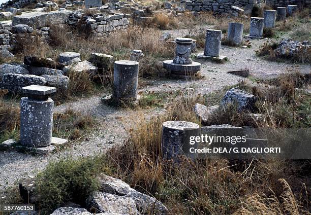 Ruins of the royal porch, archaeological site of Akrotiri, Santorini island, Greece. Greek civilisation, 20th-17th century BC.