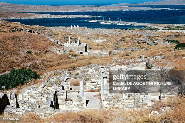 View of the archaeological site of Delos and the port, Delos island, Greece.