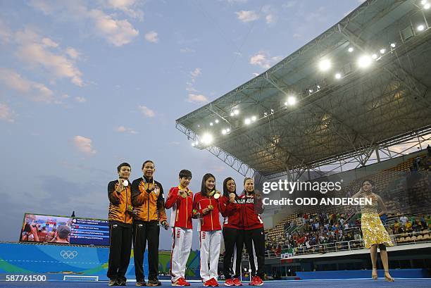 Gold medallists China's duet Chen Ruolin and Liu Huixia , Silver medallists Malaysia's duet Jun Hoong Cheong and Pandelela , Bronze medallists...