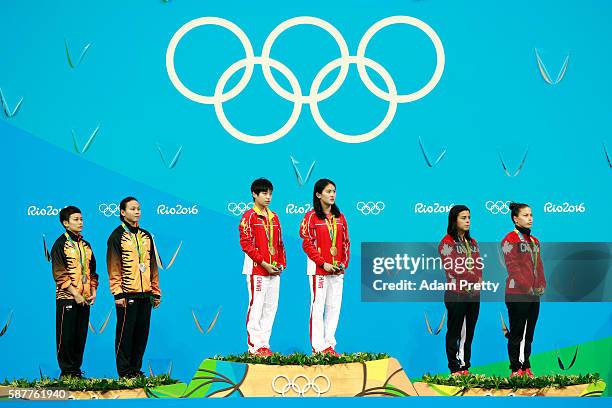 Silver medalists Jun Hoong Cheong and Pandelela Rinong of Malaysia, gold medalists Ruolin Chen and Huixia Liu of China and bronze medalists Meaghan...