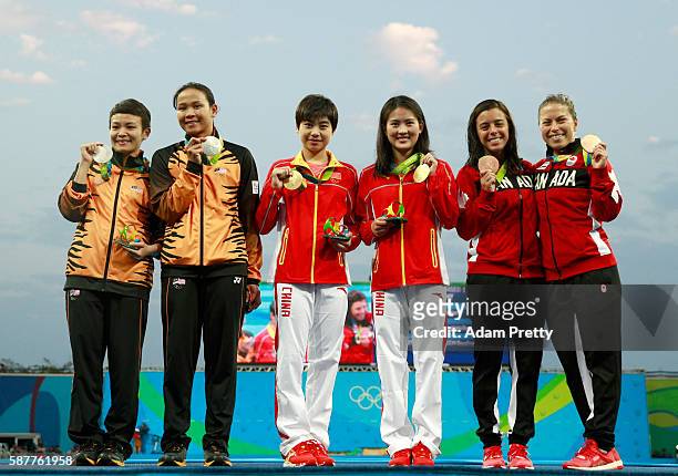 Silver medalists Jun Hoong Cheong and Pandelela Rinong of Malaysia, gold medalists Ruolin Chen and Huixia Liu of China and bronze medalists Meaghan...