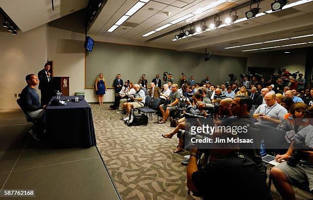 Alex Rodriguez speaks during a news conference on August 7, 2016 at Yankee Stadium in the Bronx borough of New York City. Rodriguez announced that he...