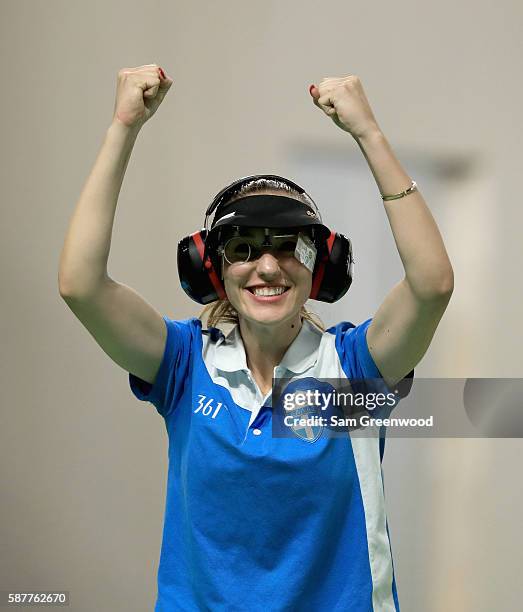 Anna Korakaki of Greece reacts winning the Women's 25m pistol event on Day 4 of the Rio 2016 Olympic Games at the Olympic Shooting Centre on August...