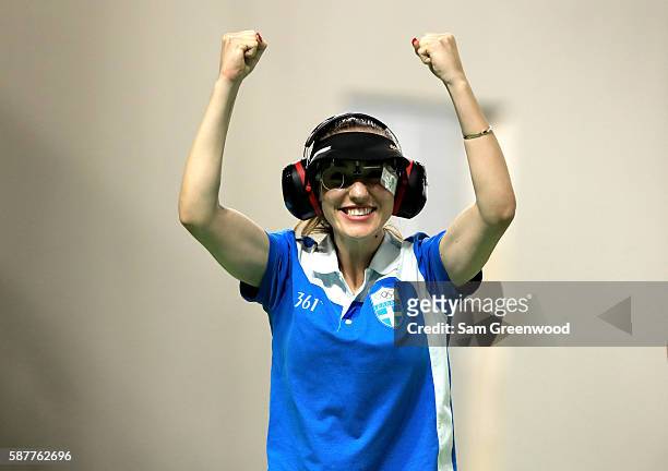 Anna Korakaki of Greece reacts winning the Women's 25m pistol event on Day 4 of the Rio 2016 Olympic Games at the Olympic Shooting Centre on August...
