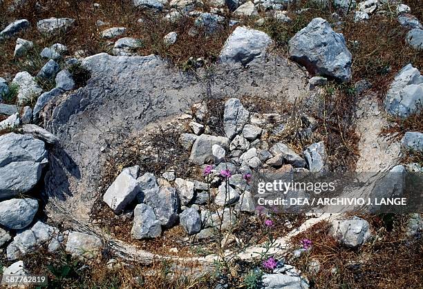 Ruins of an ancient salt pan, Tigani, Mani peninsula, Peloponnese, Greece.