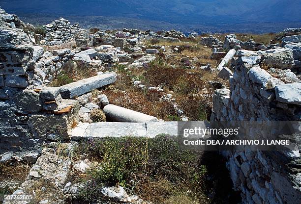 Ruins of the basilica of Tigani, Cape Cavo Grosso, Mani Peninsula, Greece. Byzantine civilisation, 6th-7th century AD.